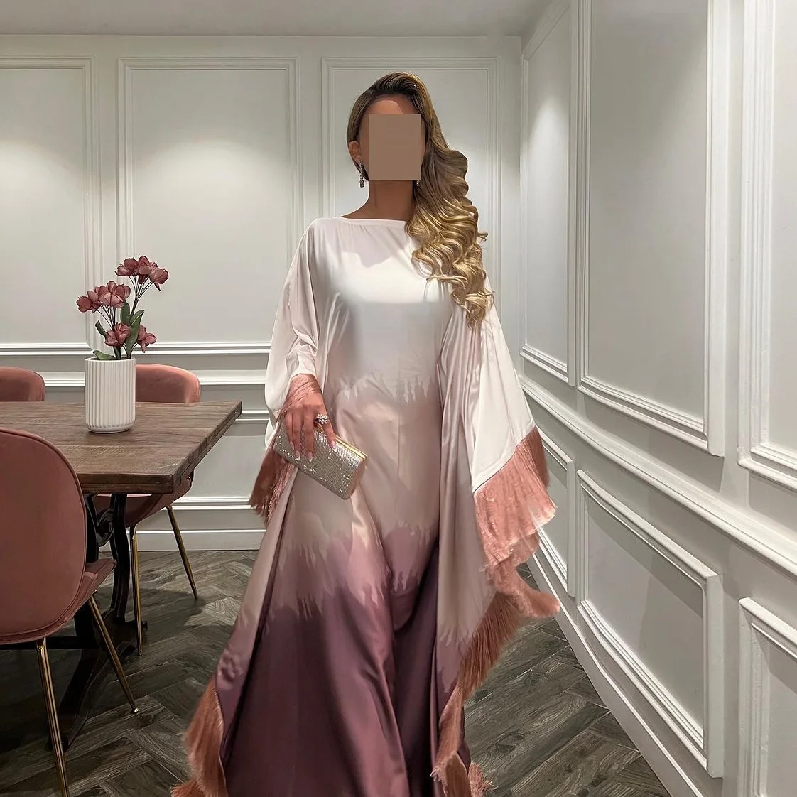 J-206 Muslim Dress Fringe Maxi Long Dress New Gradient Print Abaya Women  Muslim Dress
