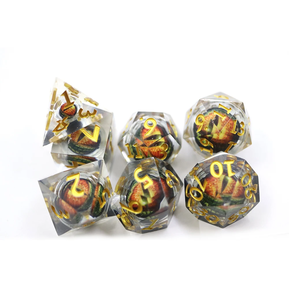 Custom Resin Dice 7pcs DND sharp Edge Red Dragon Eye Ball Core Dice Set with Gold Number