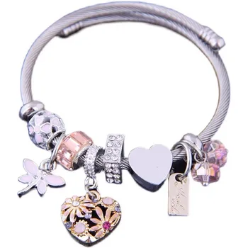 Fashion Stainless Steel Love Flower Crystal Bead Charm Bracelet Rhinestone Crystal Flower Heart Charm Bracelet gift for women