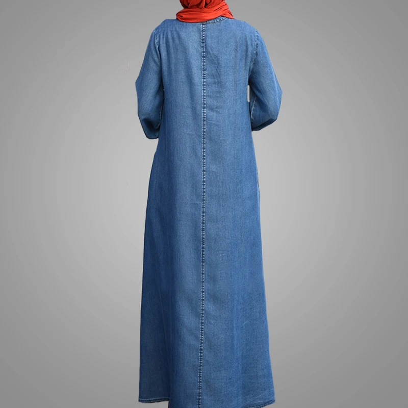 Denim Dress Factory Wholesale Long Sleeve Islamic Clothing New Model Solid Color Muslim Kebaya Dress Plus Size Dubai Abaya