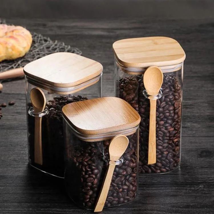 800ml 1000ml 1200ml Bamboo Lid sealed Glass Food Container Jar with Scoop for Bath Salt Holder Sugar Spice Coffee