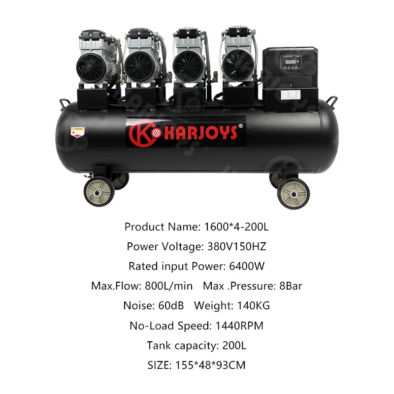 Industrial Grade 380V150HZ Electric Oil-Free Air Compressor Pump 200L Tank 8Bar Pressure for Spray Paint Auto Garage Tire