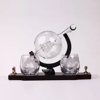 Luxury Globe Whiskey Decanter Set with Ship Inside and 4 Etched World Map Glasses Gift Box for Men, Home Bar or Office Decor
