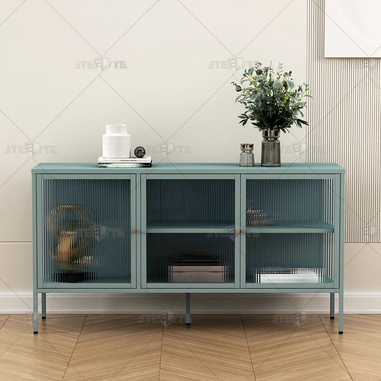 Apartment Display Showcase Storage Cabinet Metal Frame Glass Door Four-storey Display Cabinet with Fluted Glass Door
