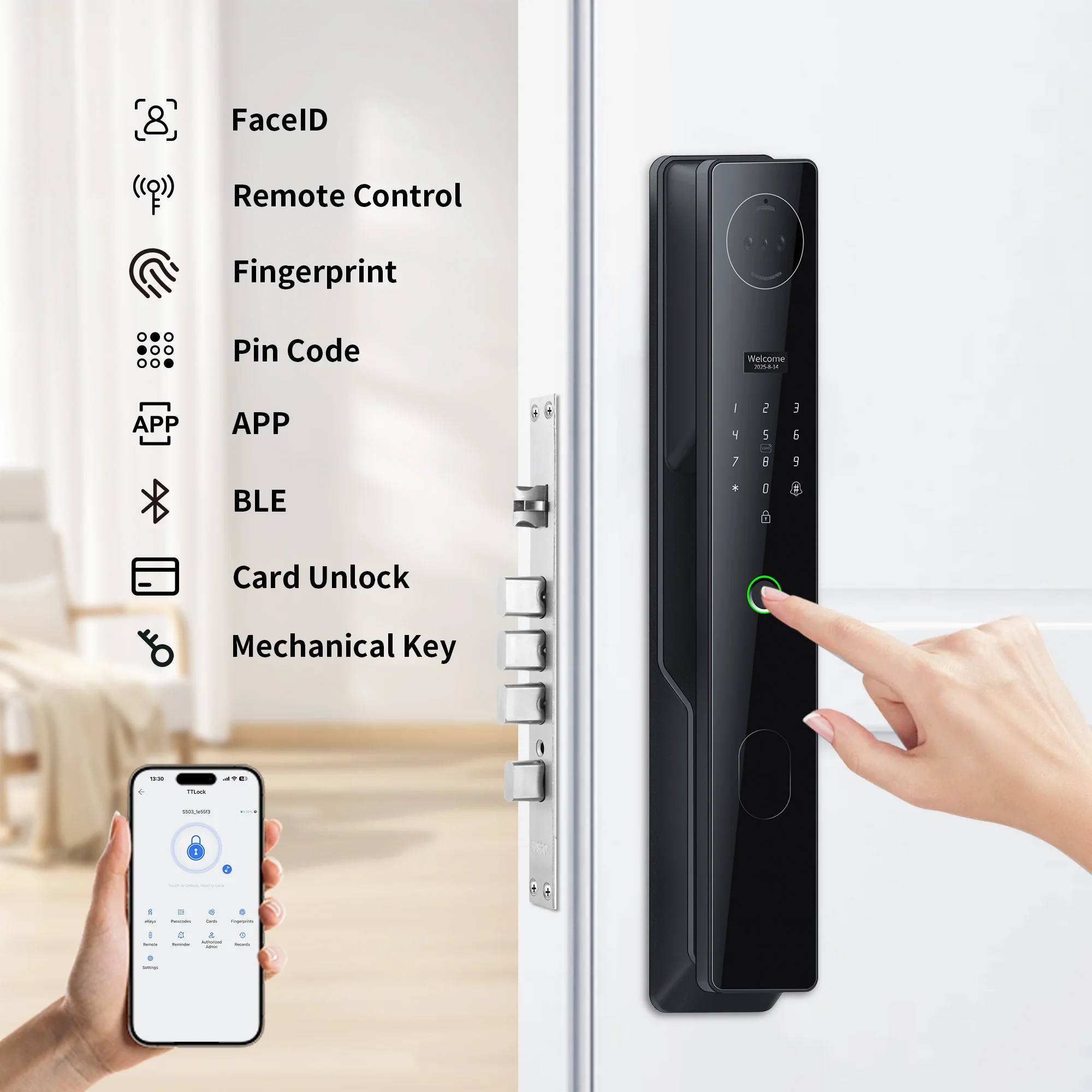 ล็อกอัจฉริยะสำหรับการจดจำใบหน้าแบบ 3 มิติ พร้อมกล้องอินเทอร์คอมวิดีโอและแอป Tuya การจัดเก็บข้อมูลบนคลาวด์ สำหรับประตูสแตนเลส ยี่ห้อ Kaisstar