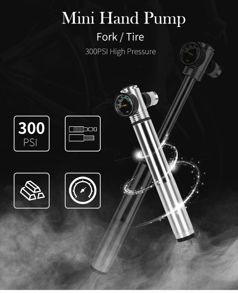 Double Action 300psi Mini Aluminum Bicycle Air Pump With Pressure Gauge