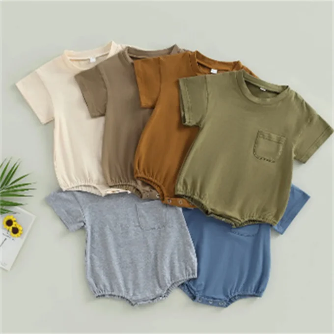 1 Pcs Private Label Solid Color Cotton Romper Summer Newborn Infant Toddler Boys Girls Clothes Short Sleeve Baby Neutral Romper