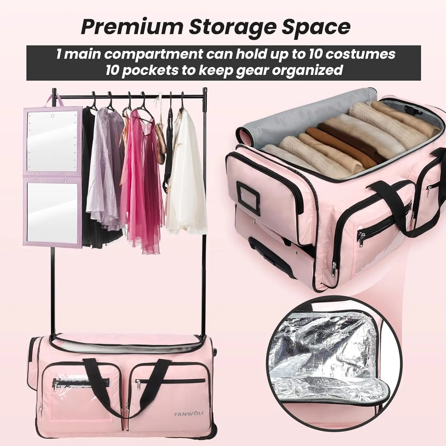 Free Sample Dance Bag with Garment Rack Upgraded Stable System & Fabric Rolling Garment Bags with Wheels
