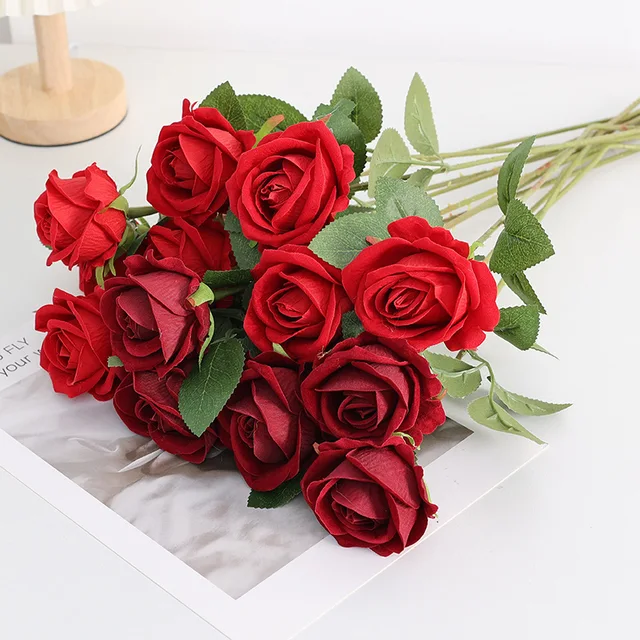 Factory Wholesale High Quality Real Touch Red Roses Artificial Rose Bouquet Home Room Wedding Centerpieces Decoration