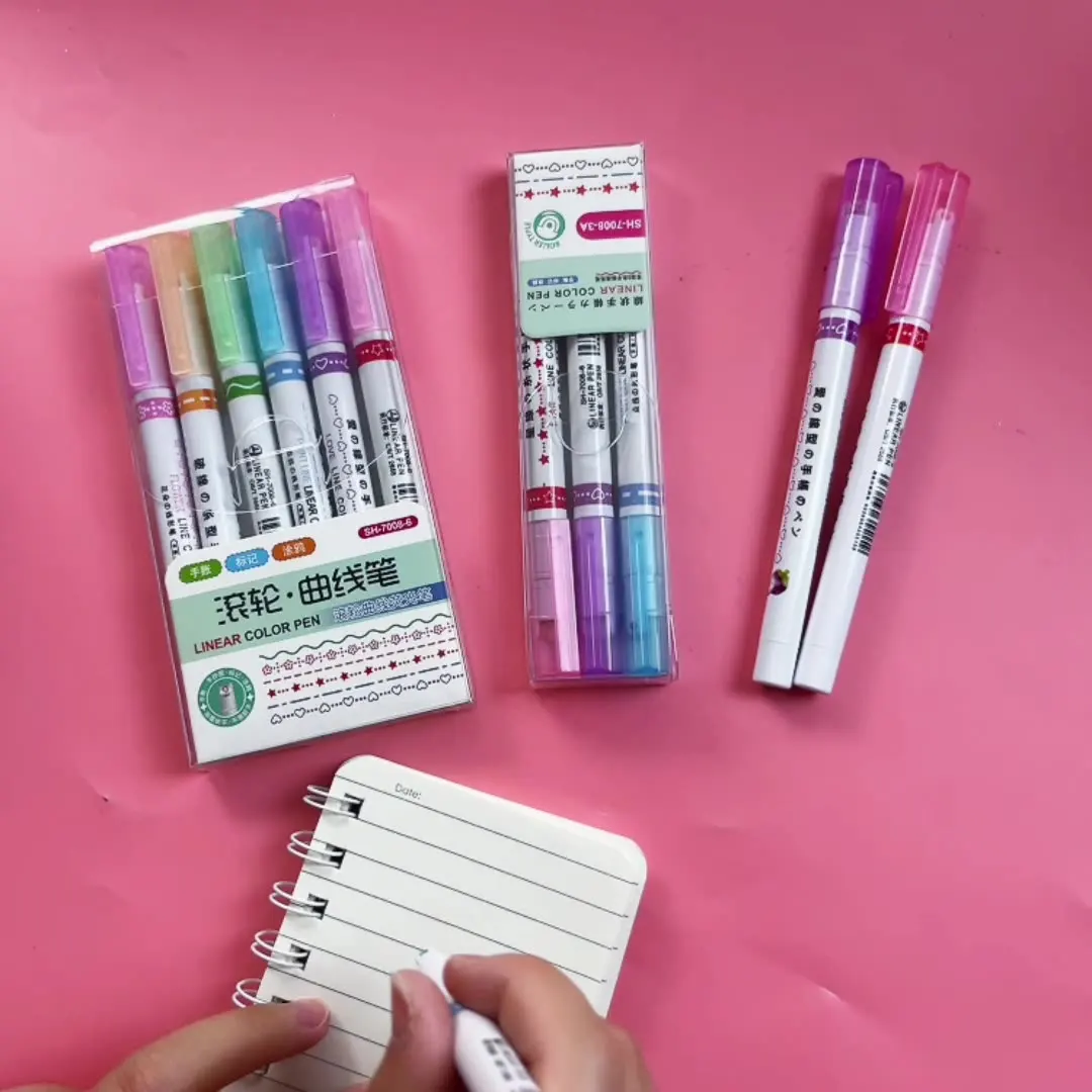 6 Color Curved Nib Pen Drawing Roller Marker Oblique School Use Set Permanent Stamp Roller Pen Marker Curve Line Painting Pen