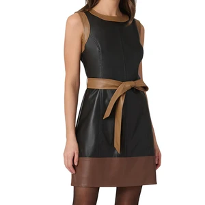 Wisrise Fashion ODM & OEM Fashionable Semi Formal Women's Black Tan Sleeveless Color Block Leather Mini Dress