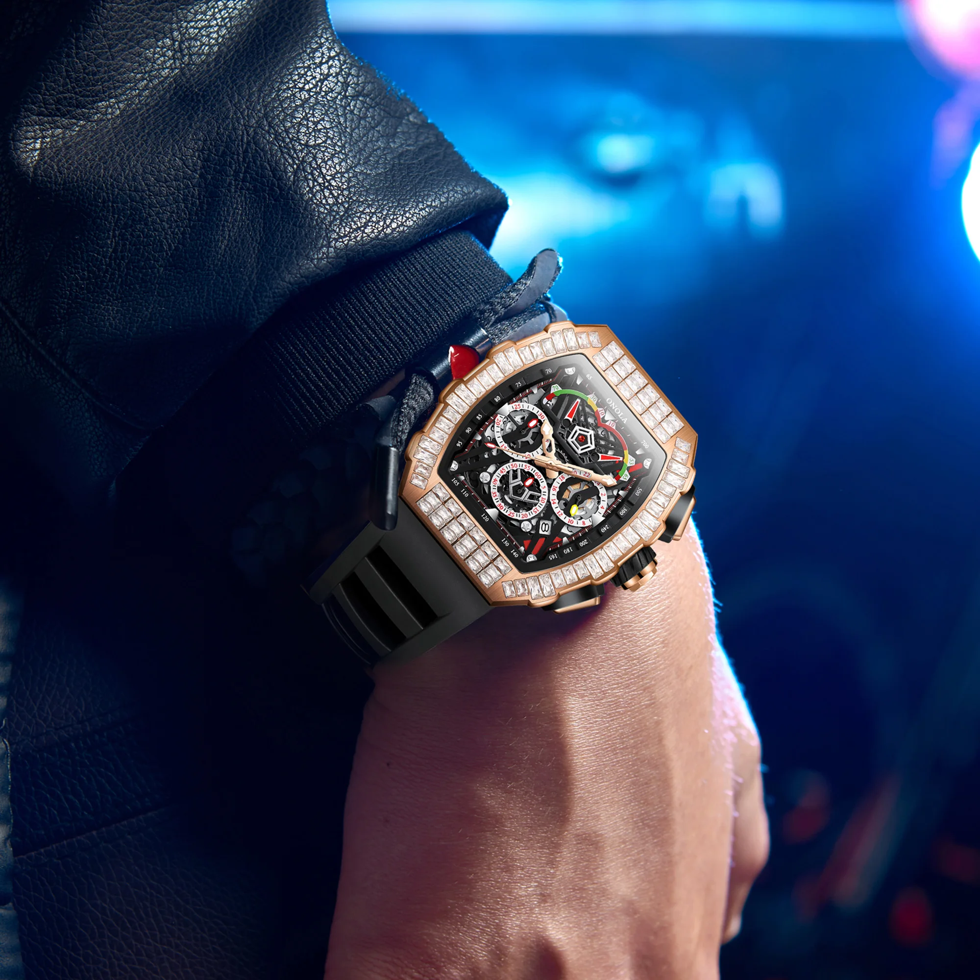 ONOLA 6827F Luxury Men's Automatic Watch - Square Diamond Design