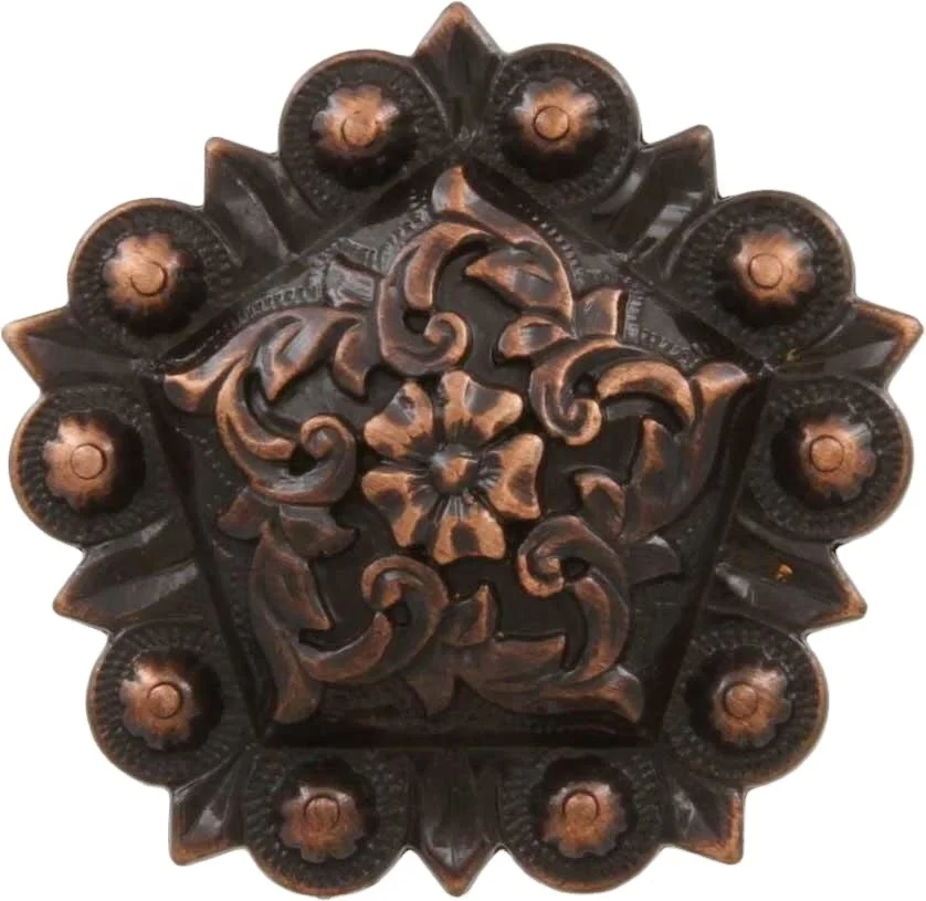 Antique Floral Engraved Pentagon Conchos Durable Zinc Material Belt Buckles with Screw Back Design for Western Horse Saddle Tack