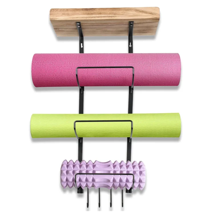 new design wall mount  yoga mat holder home gym organizer foam roller rack with hooks