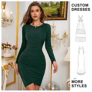Custom OEM 2025 Women's Spaghetti Strap Crew Neck Faux Wrap Ruched Bodycon Glitter Diamond Midi Party Club Cocktail Dress