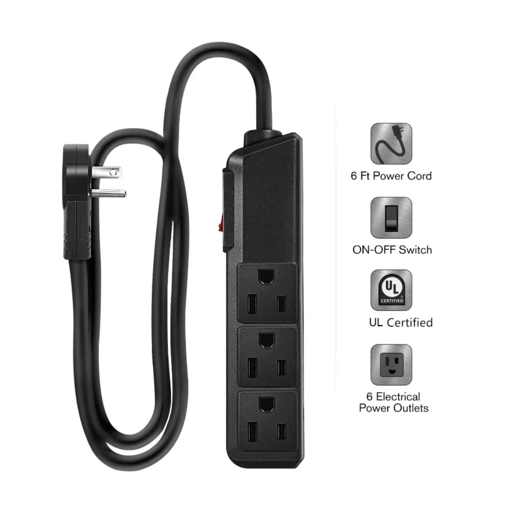 Power Strip Extension Cord 360 Degree Rotating Angled Flat Plug With 6