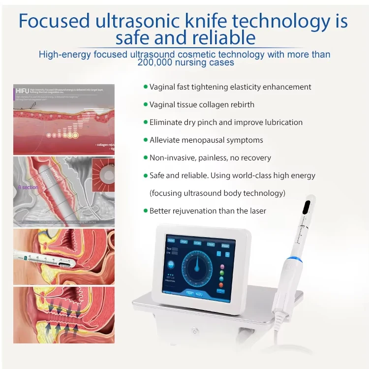 Professional High-Intensity Focused Ultrasound Vaginal Rejuvenation Device 5 Upgrade your clinic with a professional vaginal tightening HIFU machine. Featuring 3.0mm & 4.5mm cartridges for collagen remodeling, интим rejuvenation, and non-invasive tightening treatments. Professional High-Intensity Focused Ultrasound Vaginal Rejuvenation Device