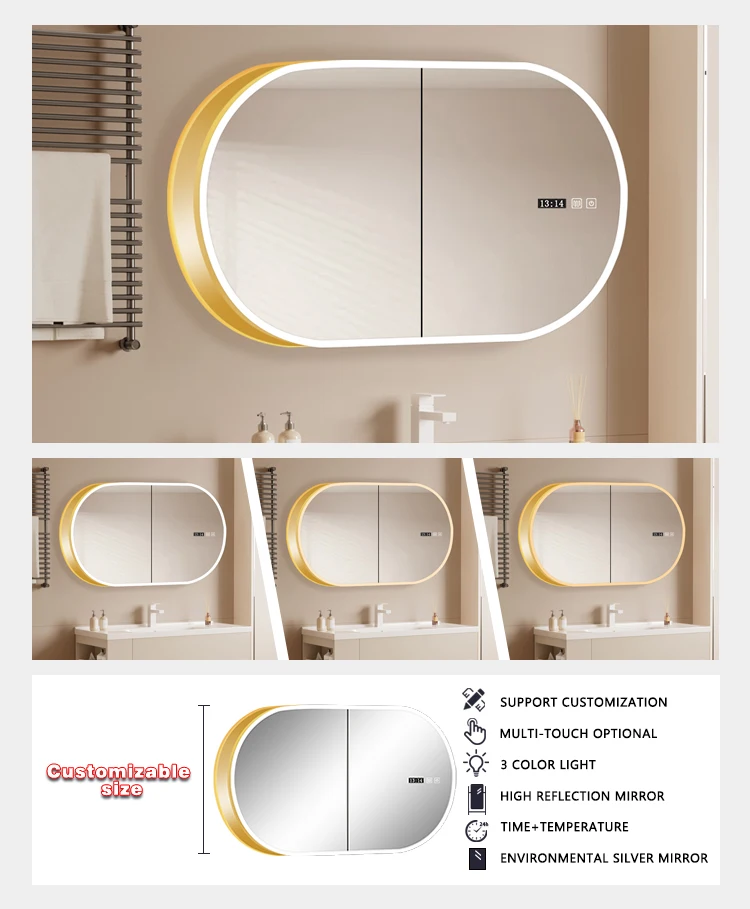product anti fog dimmable light oval bathroom vanity mirror cabinet wall mounted led medicine cabinet with mirror-4