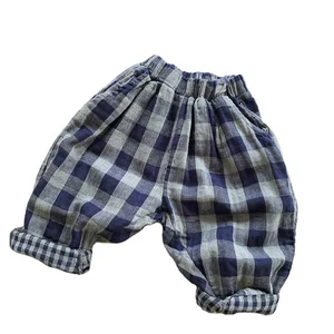 Autumn New Double Cotton Vintage Blue Plaid Loose Wide-Leg Harem Pants for Boys and Girls Washed Technique