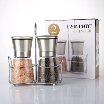 Stainless Steel Salt and Pepper Grinder Set Refillable Set Glass Shakers with Adjustable Coarseness