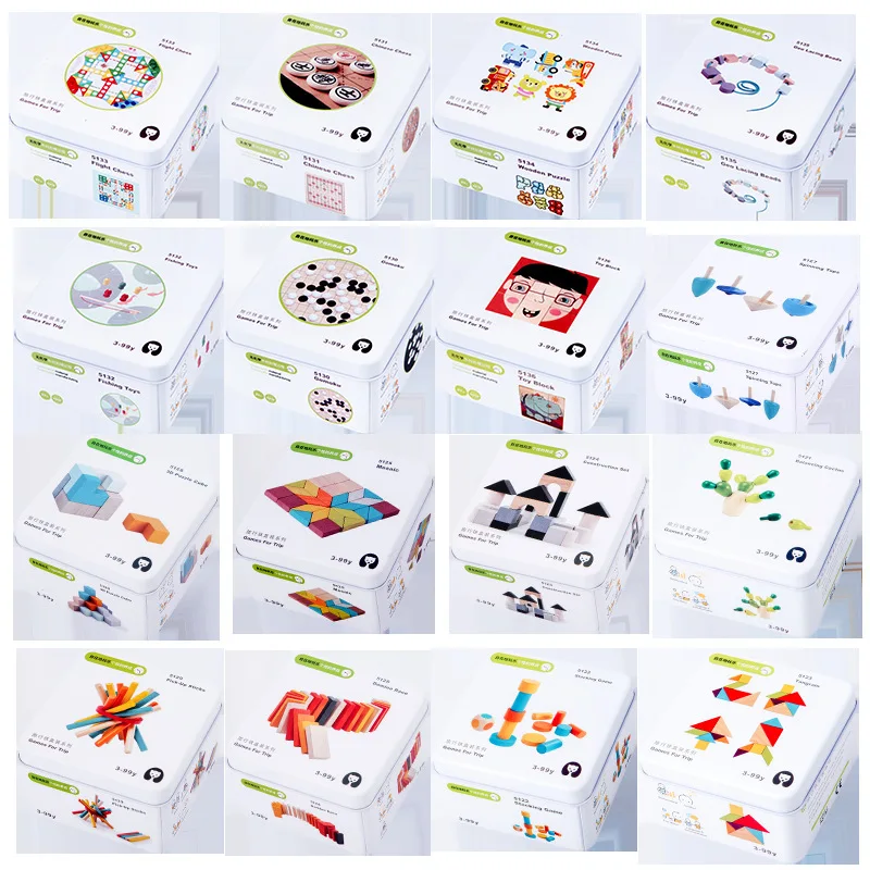 Multifunction Kids Interactive Games Cartoon Educational Wooden Iron Box Toys Wooden Building Blocks Puzzle Toys For Child