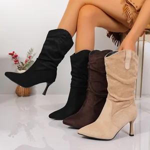 QuiteS 2026 Winter New Plus Size Suede Pointed High Heel Slip-on Solid Fashion Boots Pleated  Mid-Calf Shoes for Women