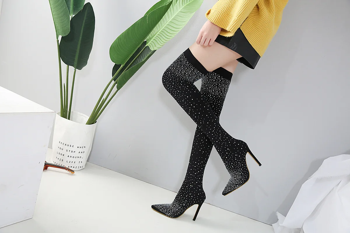 Fashion Women Over The Knee High Thigh Sock Boots High Heels Crystal Diamond Stripper Long Thigh Pleaser Boots Shoes