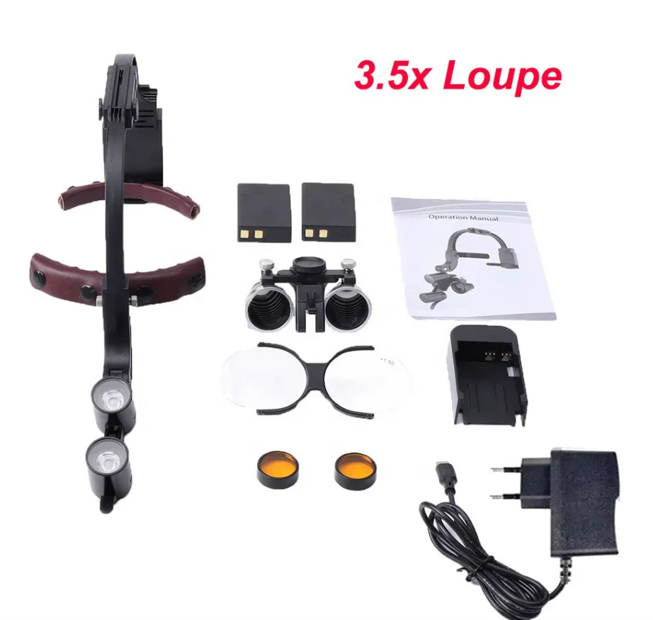 OEM 2.5X 3.5X Lampas Capitis Dentalis Plastica, Loupes Medicinales Magnificantes, Lux Capitis Chirurgica Sine Filo ab Officina Forniente