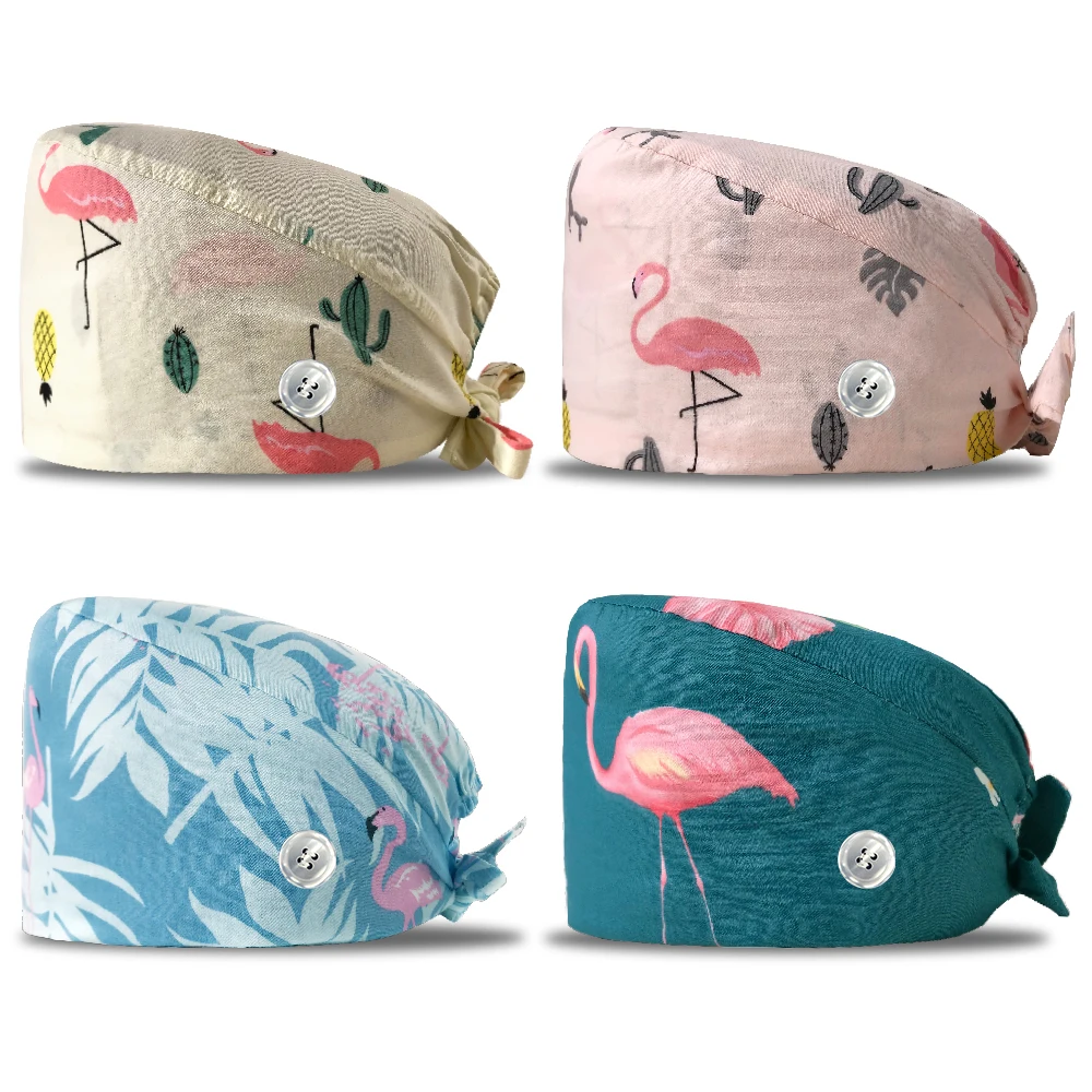 Custom Printed Pattern Nurse Cap Adjustable Women Scrub Pure Cotton Comfortable  Cartoon Printed Surgical Scrub Cap