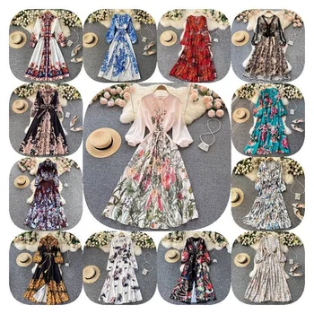 2024 Elegant Party Floral Maxi Dress Ladies Summer Casual Dress Fashion Women Dress Mini Digital Printing Woven 100% Polyester