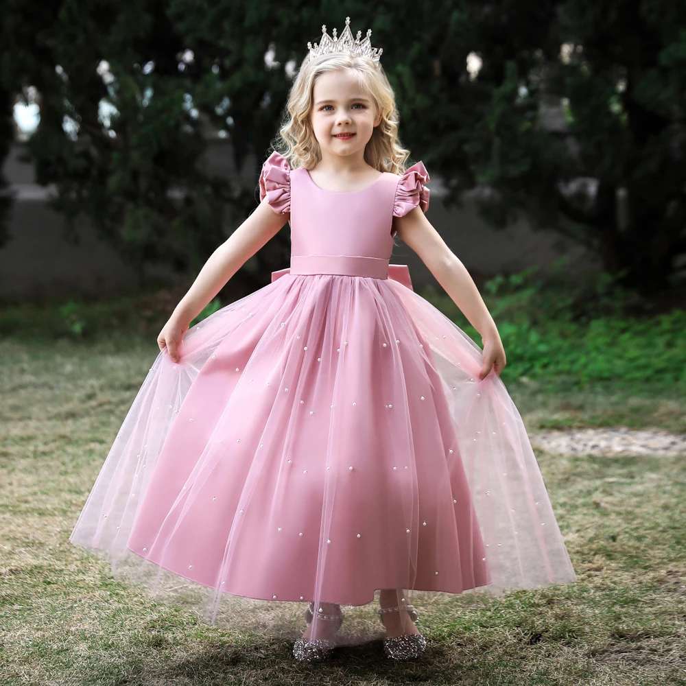 New Pink Party Wear Net Kids Readymade Dress Catalog