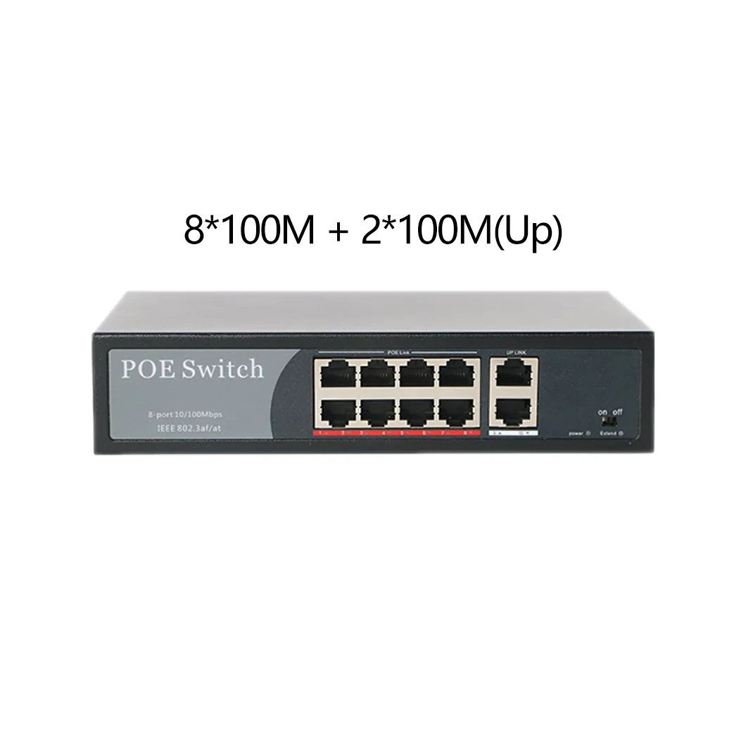 8 Port POE 交换机 802.3af/at Ethernet 8*100Mbps+2*1000Mbps Uplink RJ45+1*SFP Rack Gigabit Network 48V 120W 5