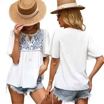 Women summer casual short batwing sleeve Boho Chic elegant loose embroidered floral print Mexican Peasant white top blouse