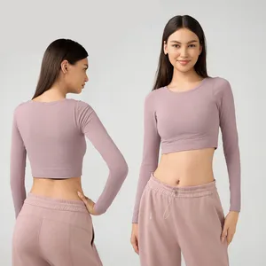 Seamless One-piece Design Women Short Stretch Long-sleeved Tops Slim Sports Running Fitness Yoga Tshirt With Chest Pads