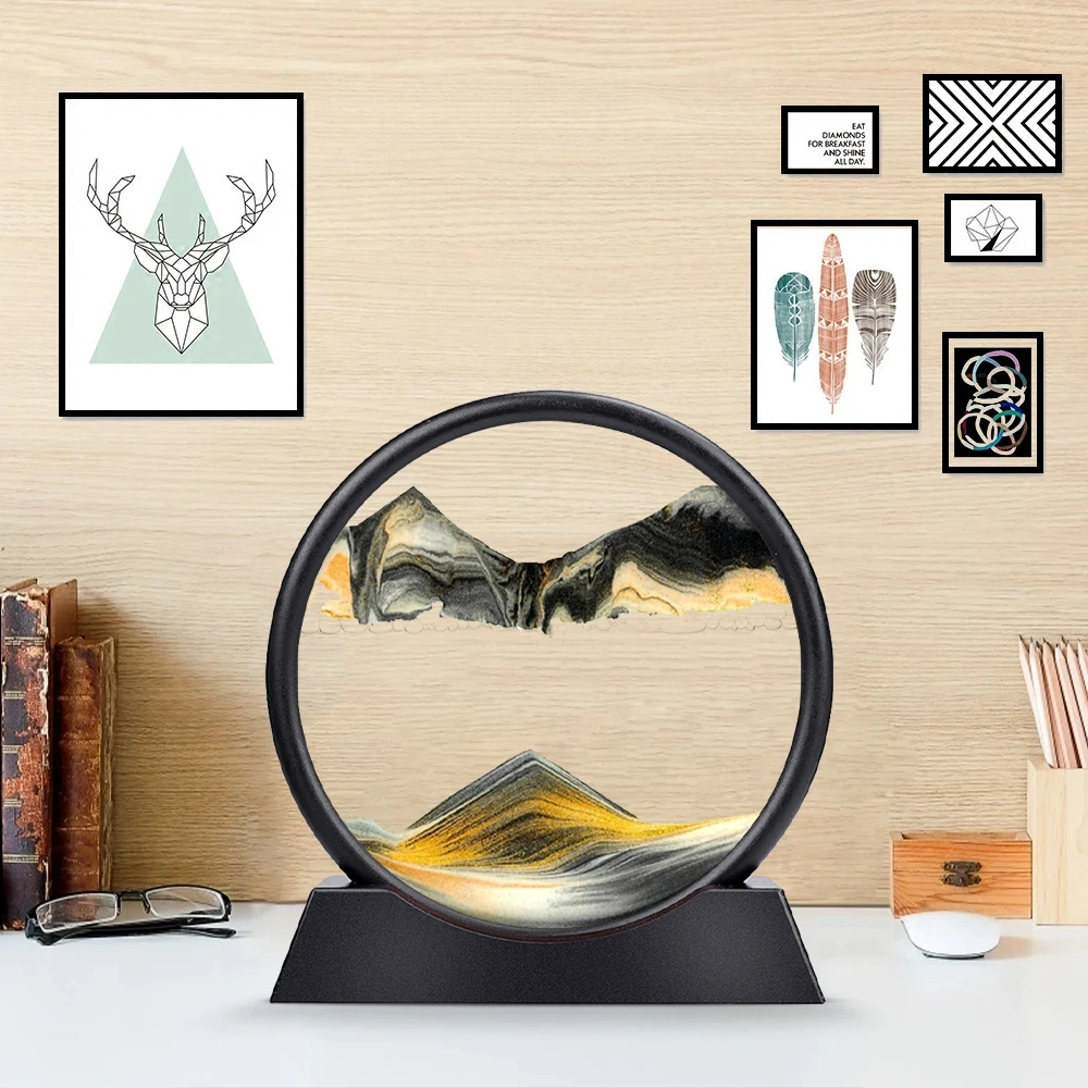 7/12inch Moving 3D Art Picture Round Glass Hourglass Deep Sea Sandscape in Motion Display Flowing Sand Frame for Home Decor 5