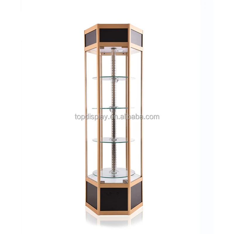Hexagonal Electrical Revolving Glass Display Cabinet/revolving Glass showcase with Lock