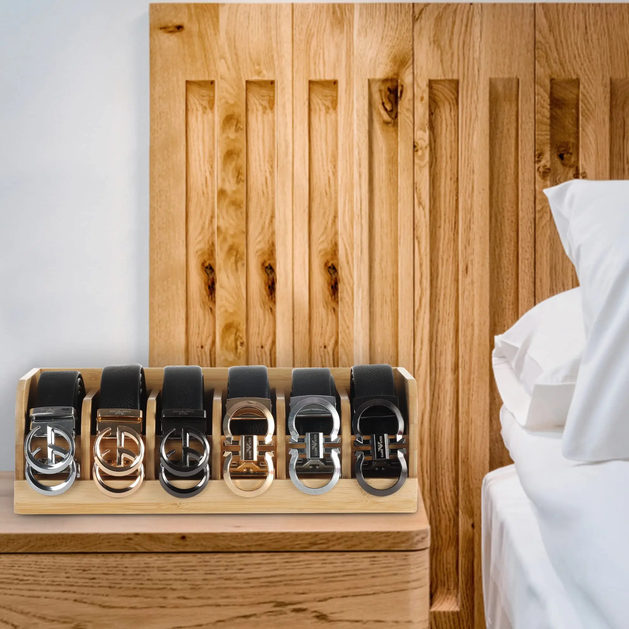 Bamboo Belt Organizer Box 6 Slot Belt Storage Rack Organizer For Closet