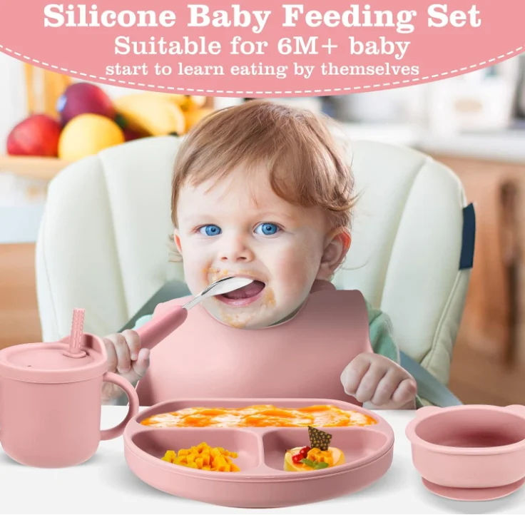 Baby Tableware Set Silicone Suction Plate Baby Bib Drinking Cup Fork Spoon Silicone Baby Feeding Set BPA Free Food Grade Silicon