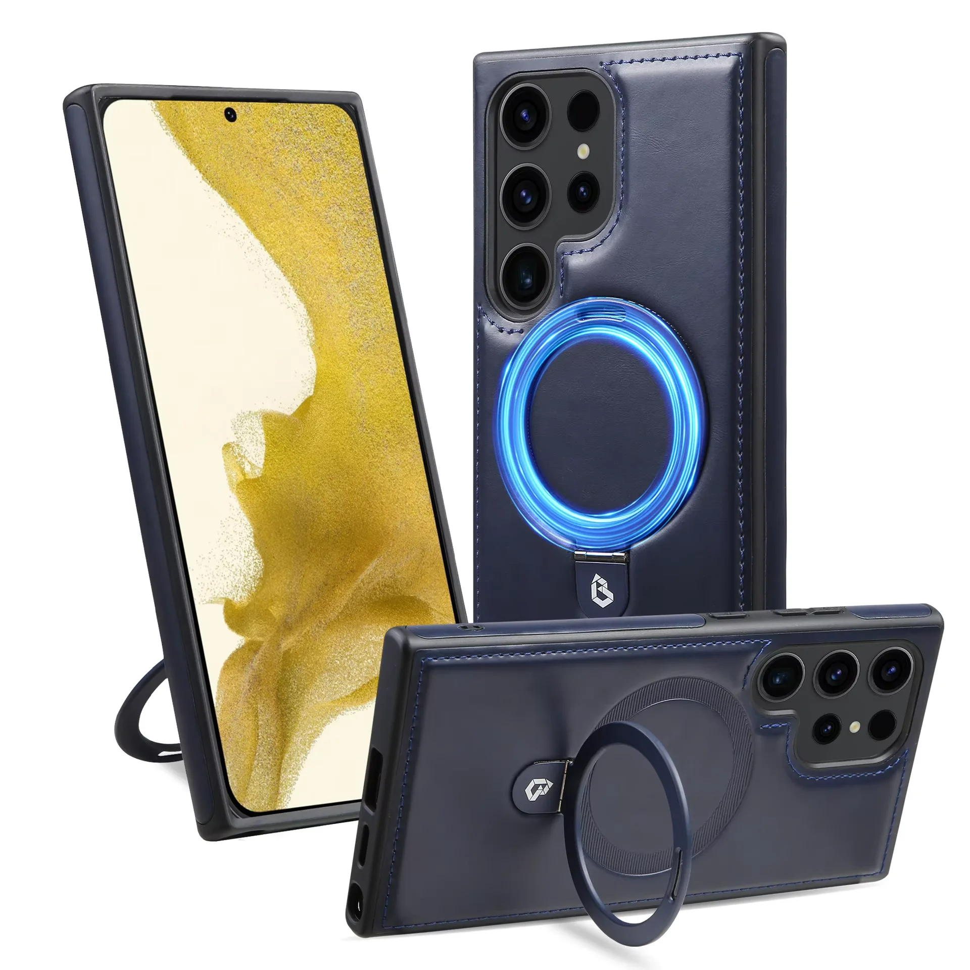 Ultra Case with Magnetic Bracket Stand Luxury PU Leather Metal Ring Holder Phone Cover for Samsung Galaxy S24 Ultra