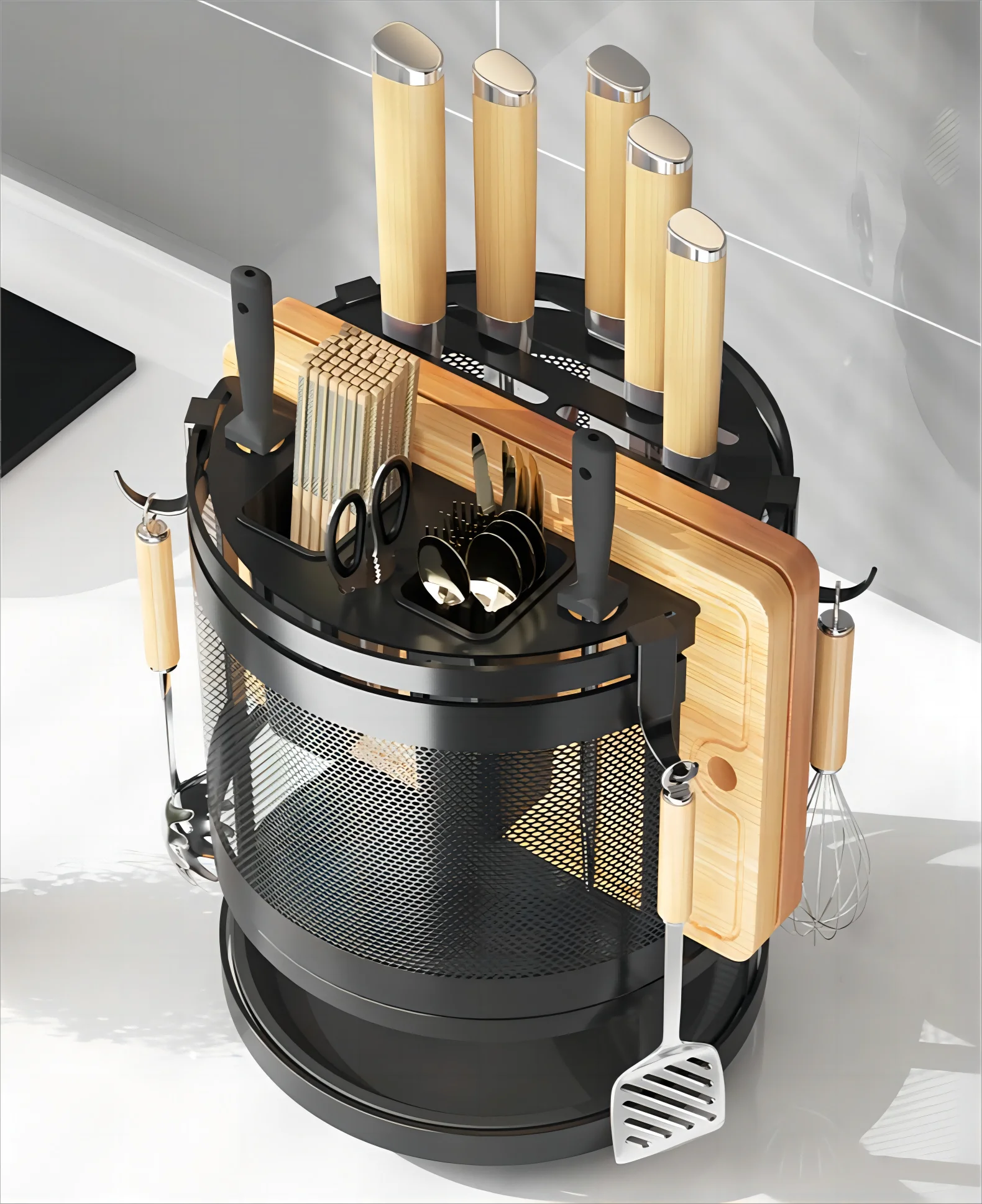 Large Capacity Rotatable Knives Shelf Cutting Board Rack Cooking