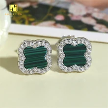 Hip hop fashion 925 silver Four Leaf moissanite earrings Screw Back moissanite diamond ear studs agate earrings for men women