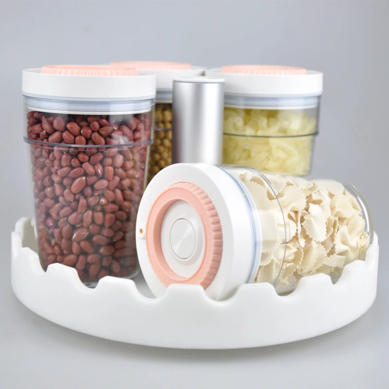 Portable Rotatable Orgonizer Tray with 5 Vacuum Containers,easy to Use,perfect for Vegetable, Fruit, Coffee Beans