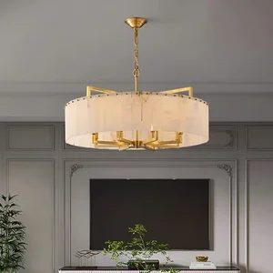 Modern All-Copper Marble LED Hanging Chandelier Living Room Study Restaurant Simple Atmospheric Pendant Lights Luxury Model