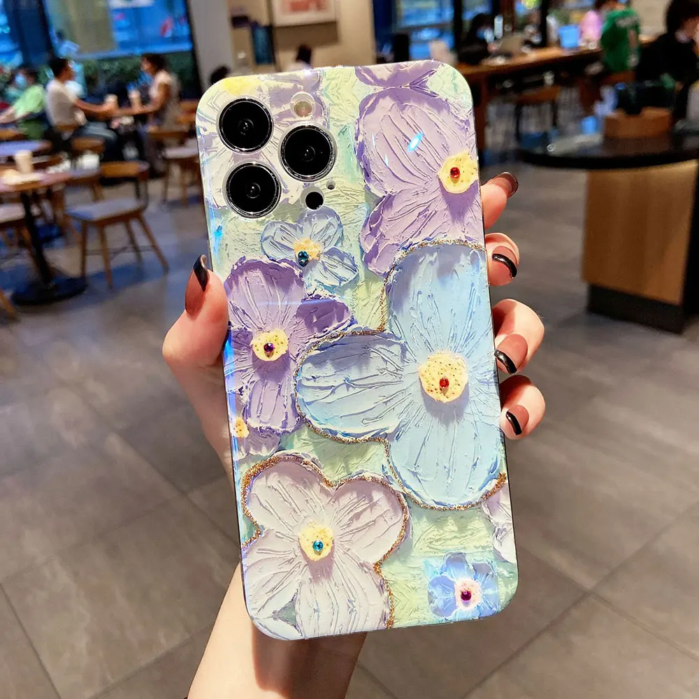 Oil Painting Flower Phone Case For iPhone 15 14 13 12 11 Plus Pro Max Diamond Sjk211 Laudtec