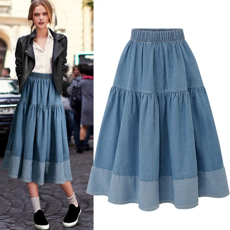 Spring And Summer Womens High Waisted Skinny Denim Stitching Mid Length Half Skirt A Line Skirt 8680