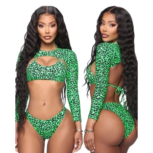 Hot Selling Women's Sexy Leopard Print High Waist Bikini Set Long Sleeve Top and Bathing Suit Three Piece Swimming Suit