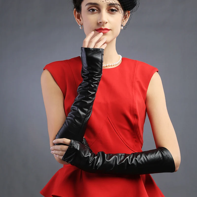 Fashion Ladies Long Gloves Half Finger Arm Length Sheepskin Leather Gloves