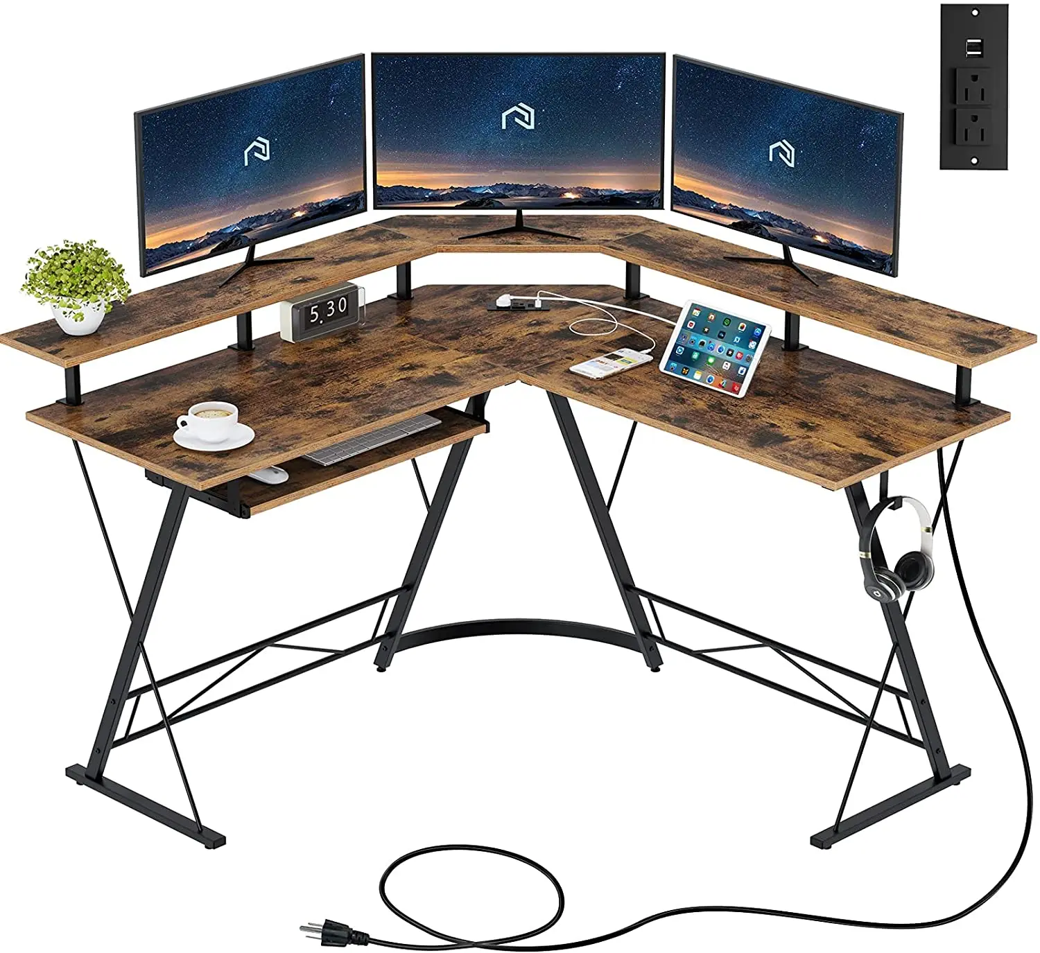 Corner Computer Office Table L-Shaped Computer Desk with Power Outlet Reading Writing Table