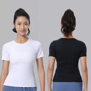 Women's Casual Summer Breathable Round-Neck T-Shirt Commuting Yoga Wear Cinching Waist Slimming Fitness Sports Top Short Sleeves
