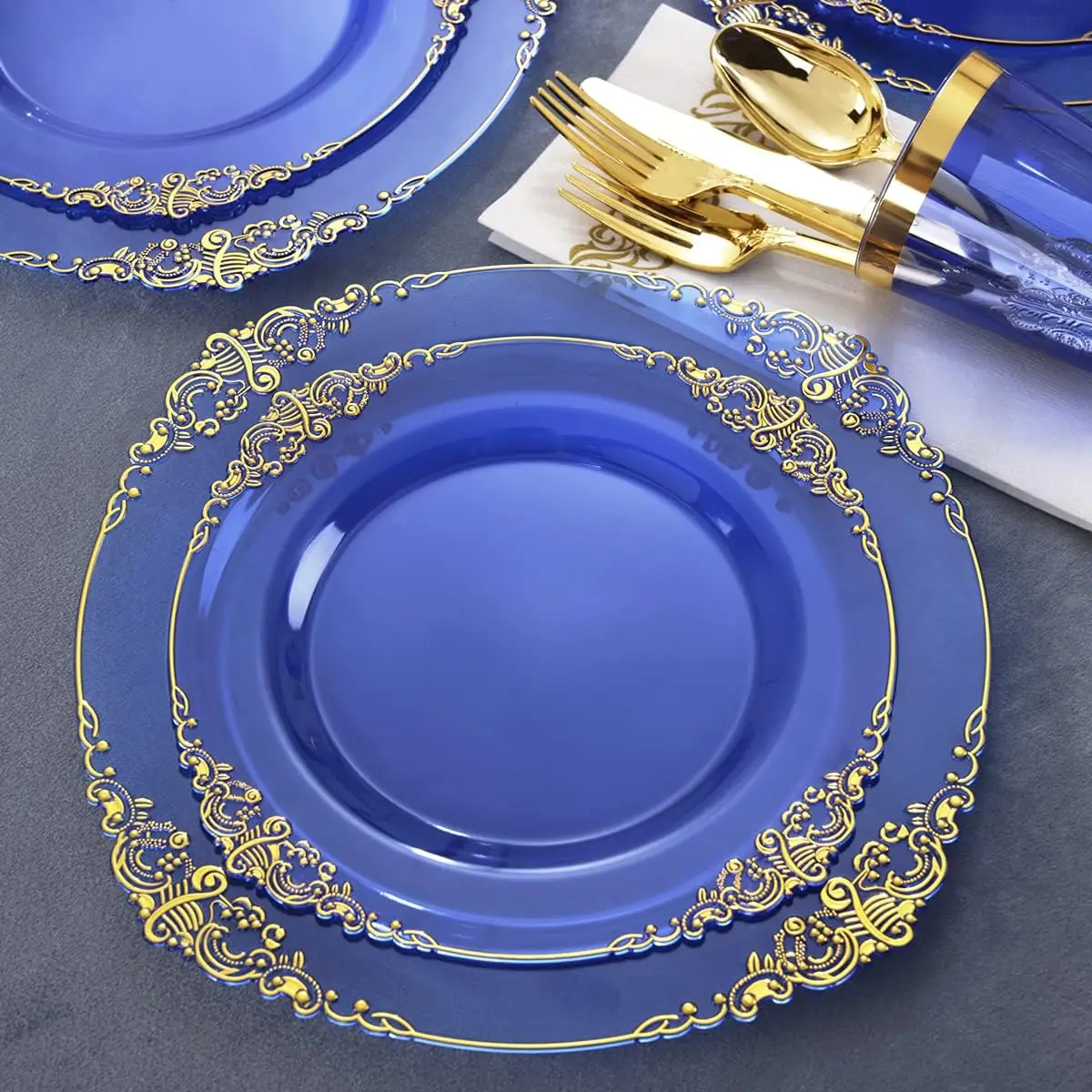 175pcs White And Gold Plastic Plates Include 25 Dinner Plates 25